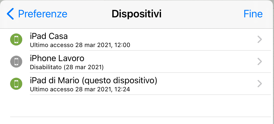 Elenco dei dispositivi connessi all'account