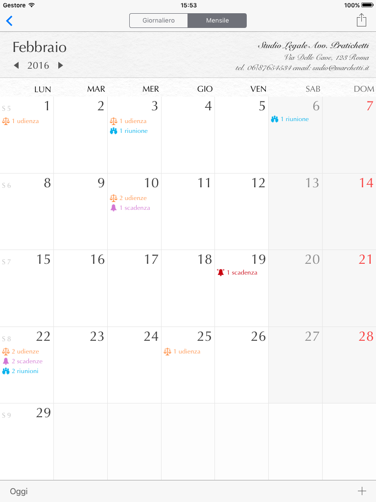 Visualizzazione degli impegni, udienze, scadenze, riunioni con rappresentazione mensile.